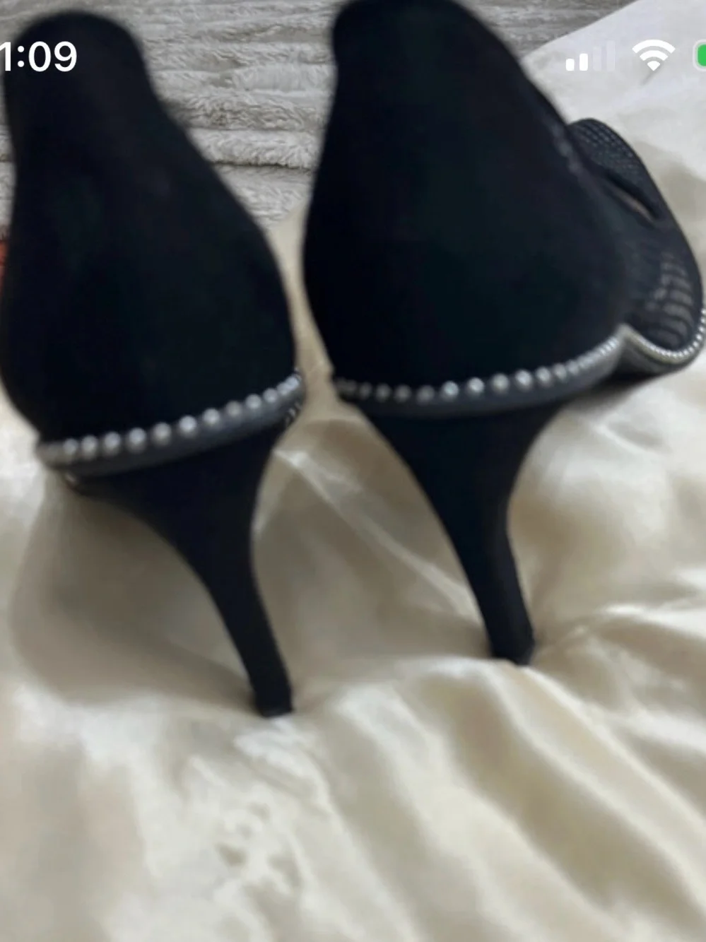 Pointed Black Mesh Heels with Studded Trim